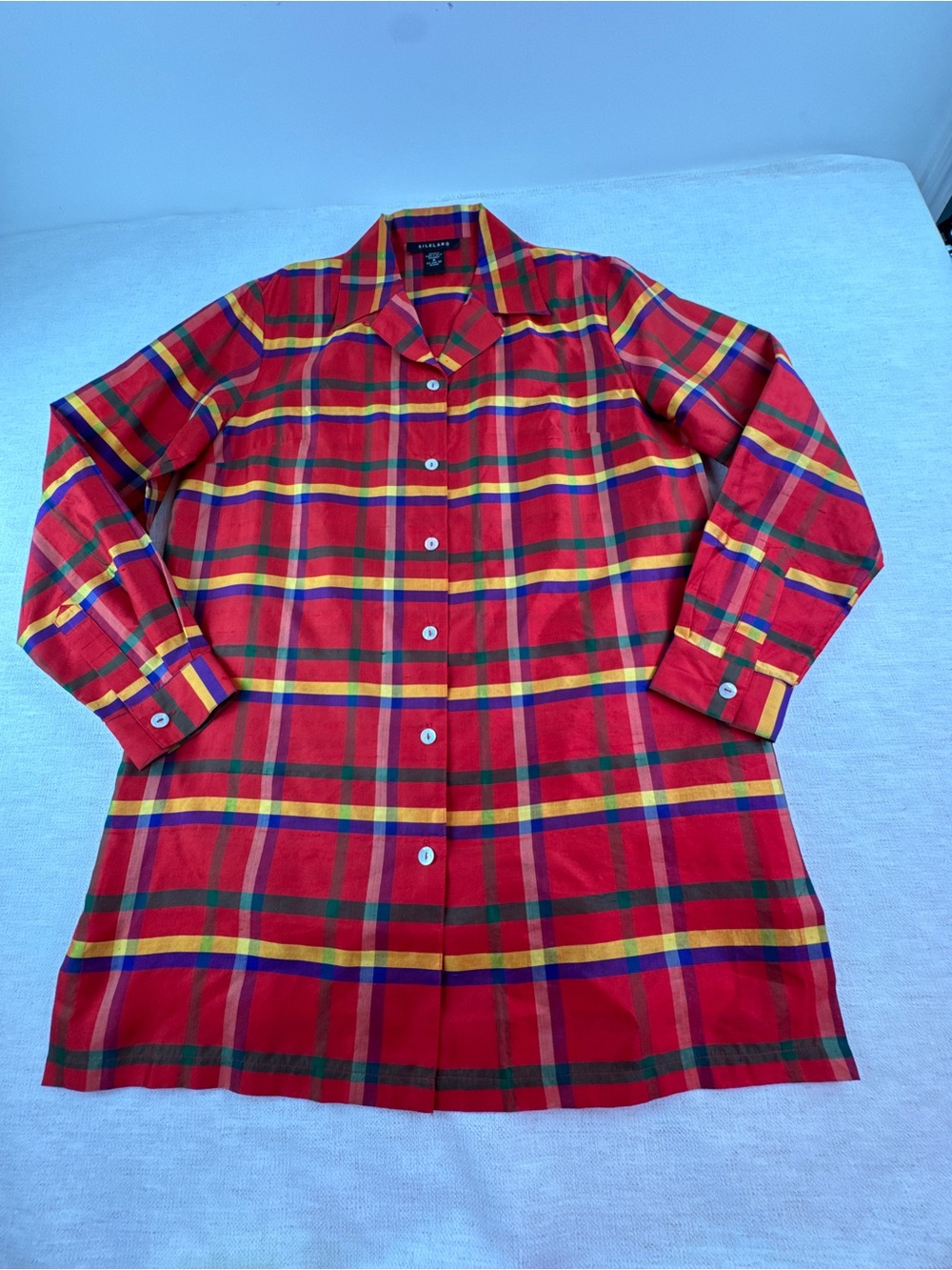SilkLand Red 100% silk Plaid Button front tunic shirt long sleeve women’s size M